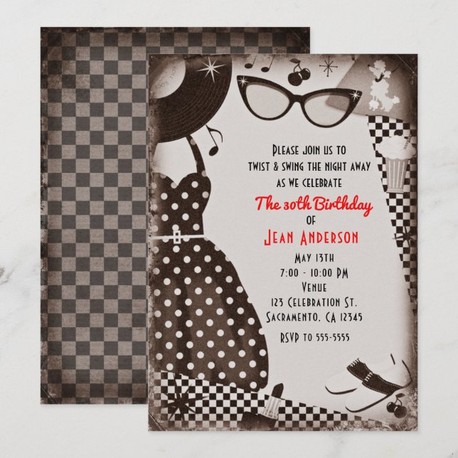 Invitation Années 50 Robe Rétro Vintage Noir Blanc (Devant / Derrière)