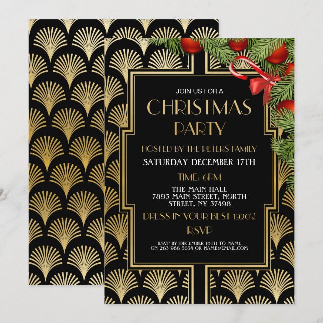 Invitation Années d'or du Gatsby Party Art déco de Noël (Devant / Derrière)