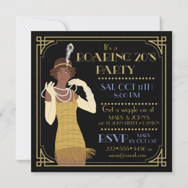 Invitation Années folles Afro-Américain Flapper Or & Noir (Devant)