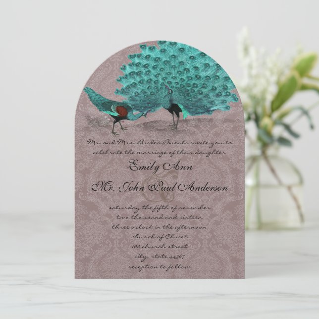 Invitation Années folles Damassé Turquoise Oiseau de l'amour  (Debout devant)