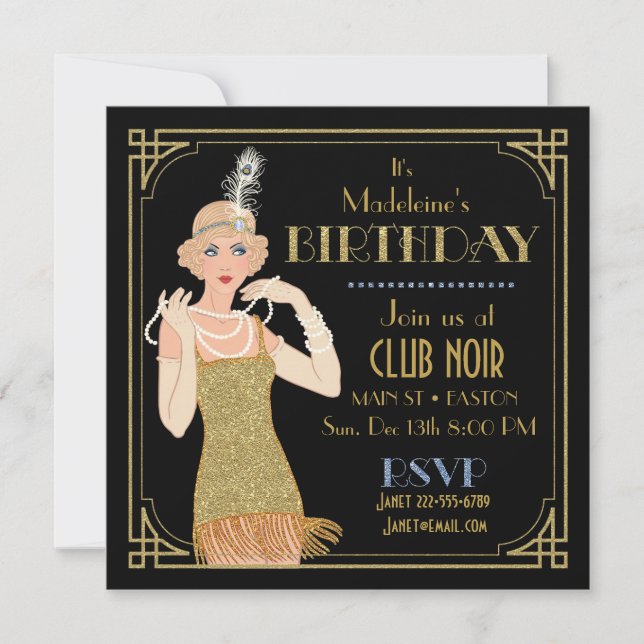 Invitation Années Folles Flapper Paillettes Or Noir Rétro (Devant)
