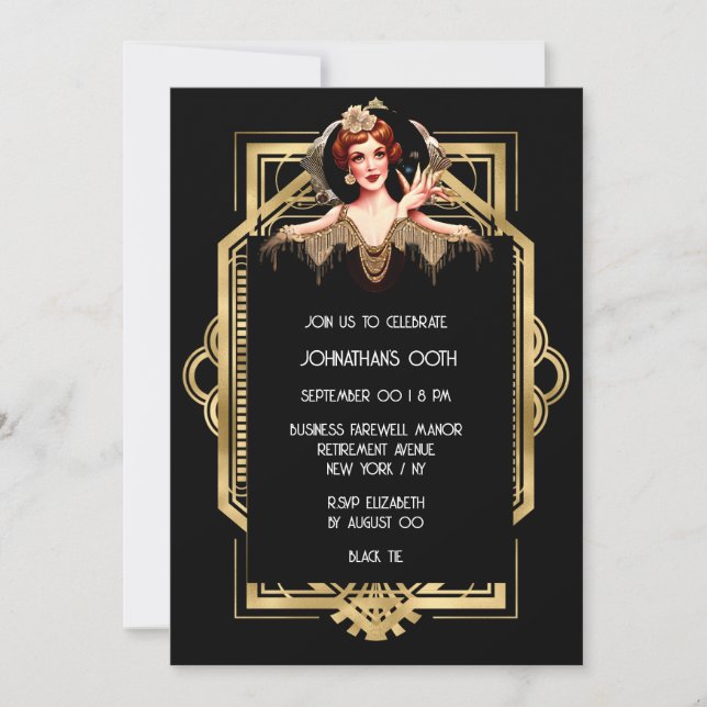 Invitation Années folles Gatsby Flapper fille noir or (Devant)