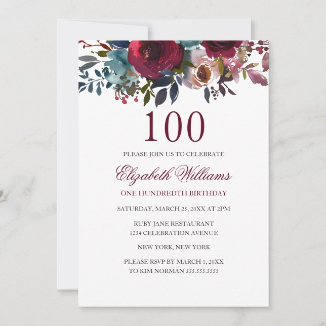 Invitation anniversaire 100 ans aquarelle florale  (Devant)