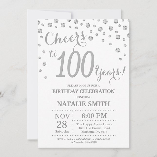Invitation Anniversaire 100 ans avec Paillettes Di (Devant)