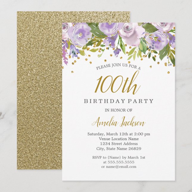 Invitation Anniversaire 100 ans Fleurie Étincelle  (Devant / Derrière)