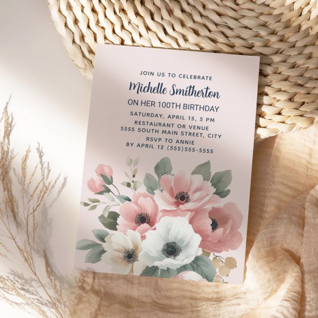 Invitation Anniversaire 100 ans Fleurs Aquarelle Rose Blanc (Elegant pink and white watercolor floral 100th birthday party invitation)