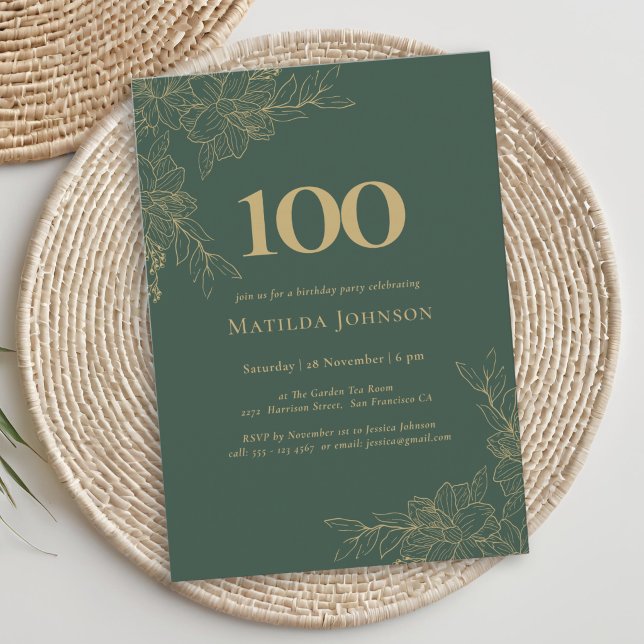 Invitation Anniversaire 100 ans floral élégant vert or (Elegant Floral Green Gold Floral 100th Birthday Invitation)