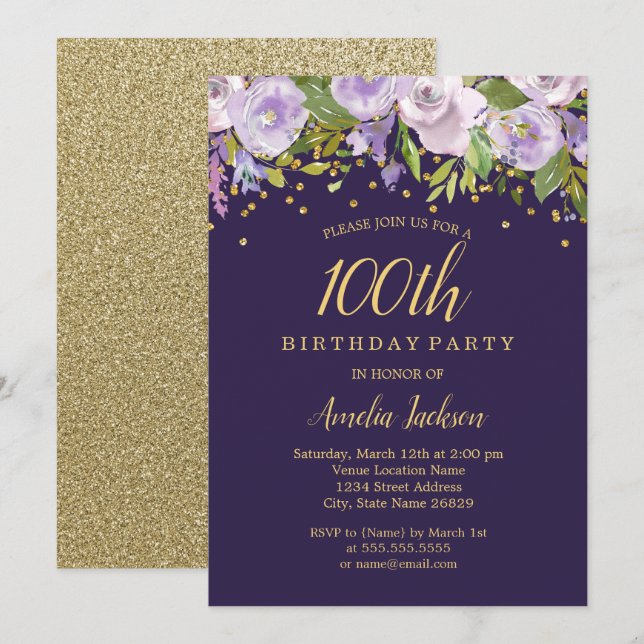 Invitation anniversaire 100 ans Floral Violet Pail (Devant / Derrière)