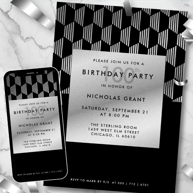 Invitation Anniversaire 100 ans Moderne Noir Faux Papier D'ar (Créateur téléchargé)