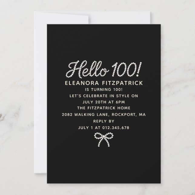 Invitation Anniversaire 100 ans Noir Blanc Écriture Perle Arc (Devant)