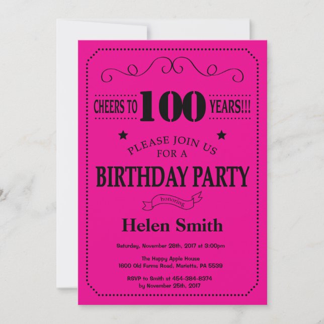 Invitation Anniversaire 100 ans Noir et Rose Chaud (Devant)