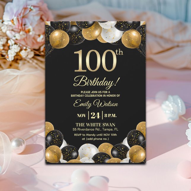 Invitation Anniversaire 100 ans paillettes noir élégant  (Créateur téléchargé)