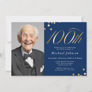 Invitation Anniversaire 100 ans Photo Bleu Nuit Or Élégant