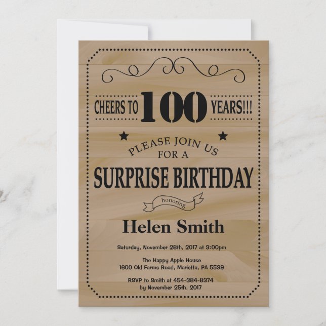 Invitation Anniversaire 100 ans rustique en bois (Devant)