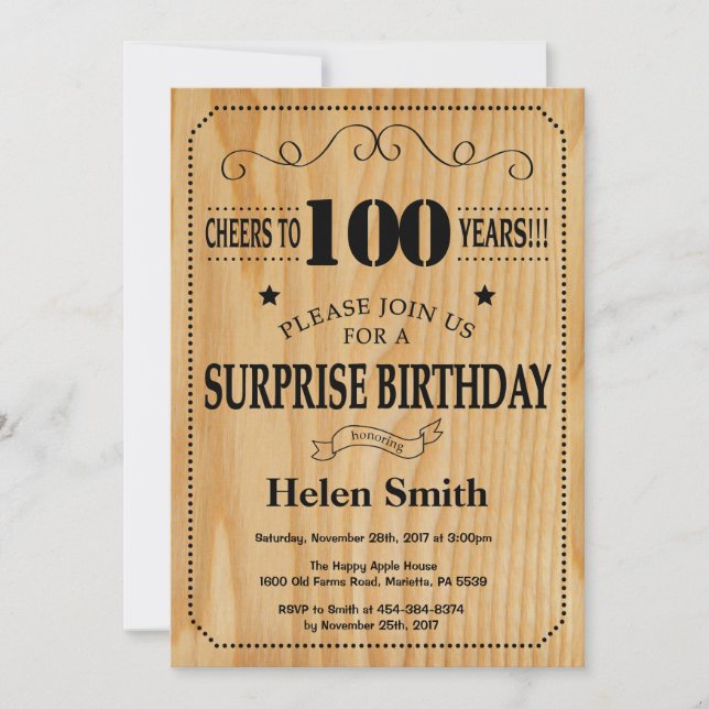 Invitation Anniversaire 100 ans rustique en bois (Devant)