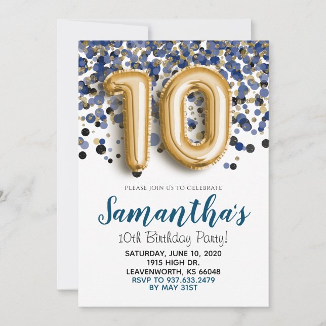 Invitation anniversaire 10 ans confettis or (Devant)