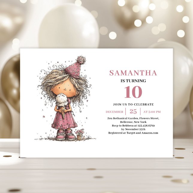 Invitation anniversaire 10 ans fillette fantaisist (Whimsical Toddler Girl 10th Birthday Invite Pink)