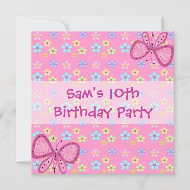 Invitation Anniversaire 10 ans Papillon Rose Flora (Devant)