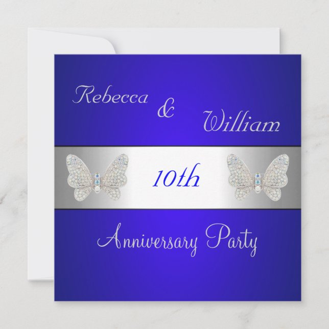 Invitation Anniversaire 10ème Élégant Papillon Cobalt & Argen (Devant)