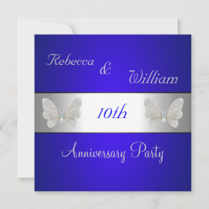 Invitation Anniversaire 10ème Élégant Papillon Cobalt & Argen