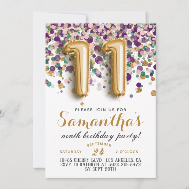 Invitation anniversaire 11 ans confettis (Devant)