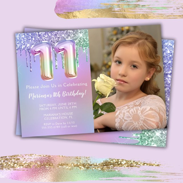 Invitation anniversaire 11 ans fête rose violet pa (Créateur téléchargé)