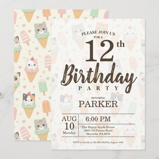 Invitation anniversaire 12 ans de fête avec glace  (Devant / Derrière)