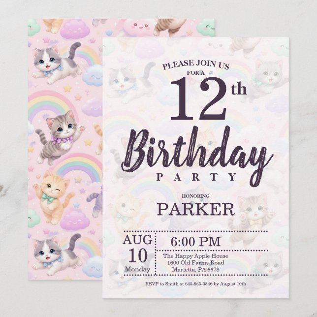 Invitation anniversaire 12 ans licorne arc-en-ciel (Devant / Derrière)