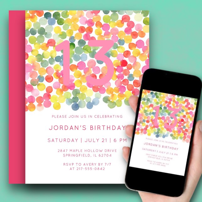 Invitation Anniversaire 13 ans Aquarelle moderne Gras Mignon  (Colorful watercolor dots bring instant party energy.)