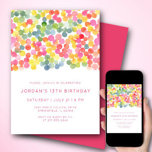 Invitation Anniversaire 13 ans aquarelle moderne points rose 