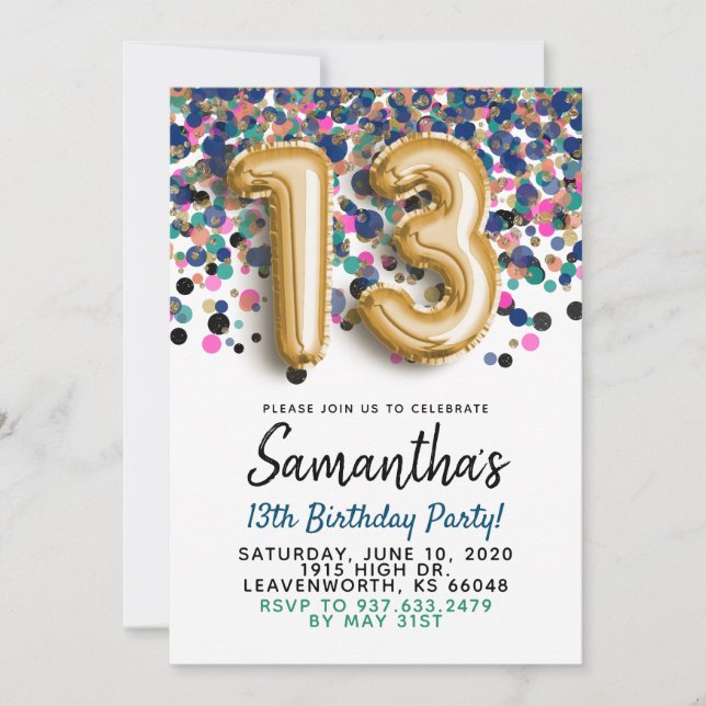 Invitation anniversaire 13 ans confettis dorés (Devant)