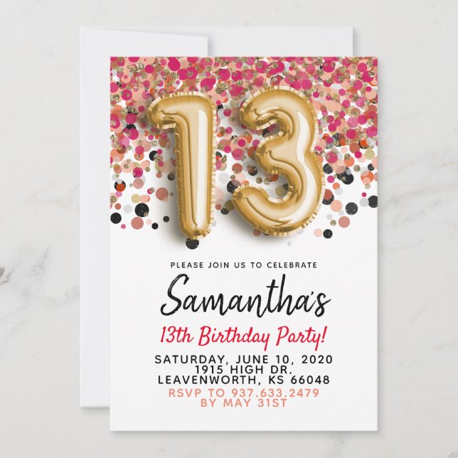 Invitation anniversaire 13 ans confettis dorés (Devant)