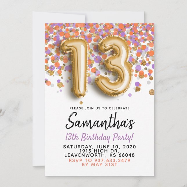Invitation anniversaire 13 ans confettis dorés (Devant)