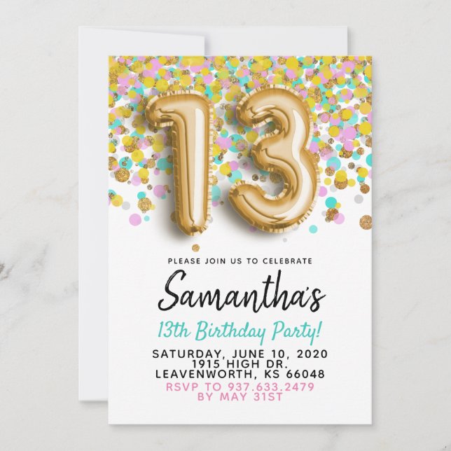 Invitation anniversaire 13 ans confettis dorés (Devant)