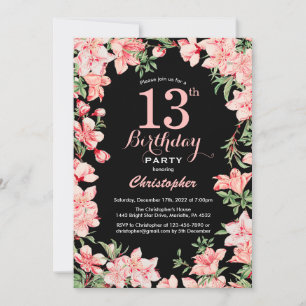 Invitation Anniversaire 13 ans Fleurs Florales Roses Fond Noi