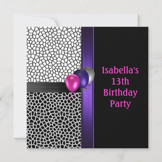 Invitation Anniversaire 13 ans Noir Blanc Rose Violet (Devant)
