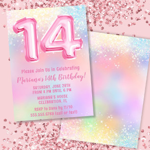 Invitation Anniversaire 14 ans Pink Rainbow