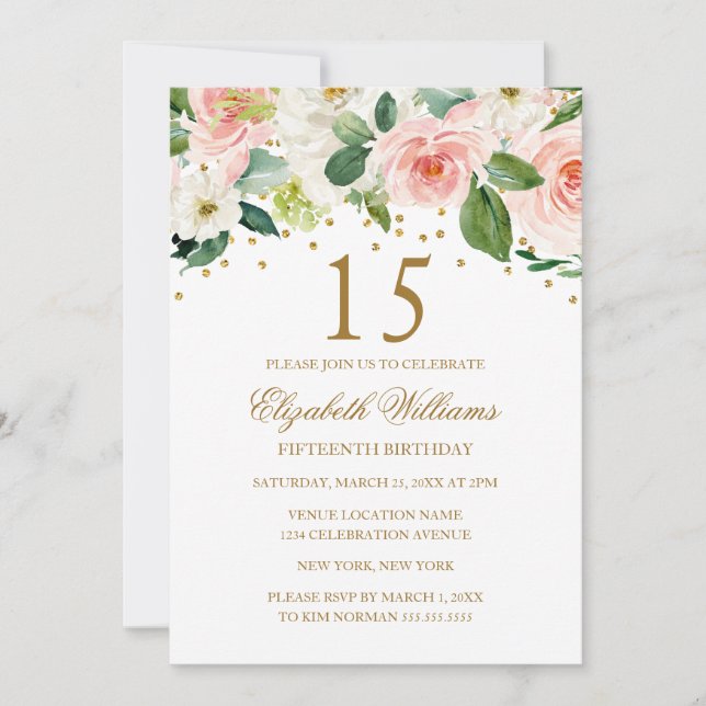 Invitation anniversaire 15 ans aquarelle florale o (Devant)