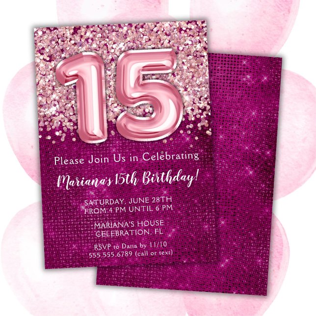 Invitation Anniversaire 15 Ans Fille Magenta Rose  (Créateur téléchargé)