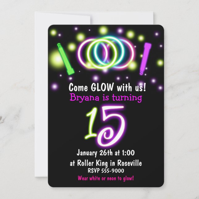 Invitation Anniversaire 15 ans GLOW Lights Age 15 (Devant)