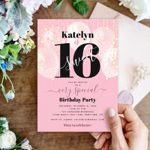 Invitation Anniversaire 16 ans Ballons roses dorés Fille chic