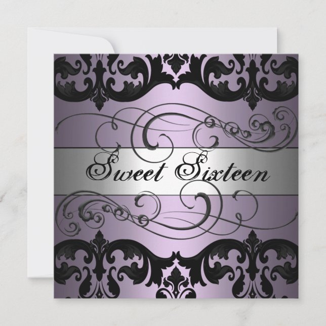Invitation anniversaire 16 ans douce damas violet/ (Devant)