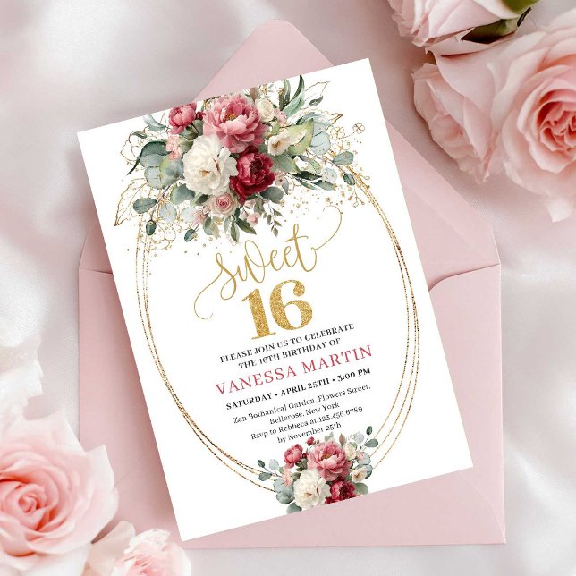Invitation Anniversaire 16 ans Douce Élégance Bourgogne Verdu (Elegant Blush Burgundy Greenery Sweet 16 Birthday Invite)