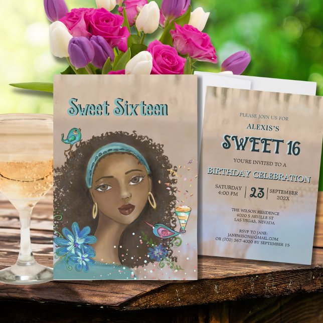 Invitation Anniversaire 16 Ans D'une Jeune Afro-Am ( Afro-American Girl Sweet 16 Birthday Party Invite)