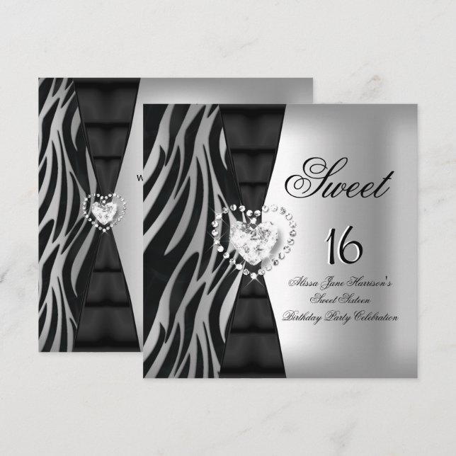 Invitation Anniversaire 16 ans Fête d'anniversaire seize Zèbr (Devant / Derrière)