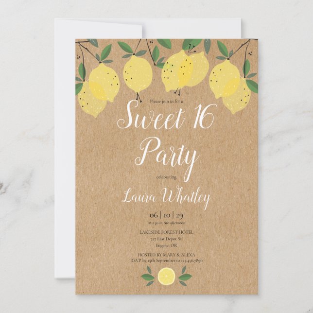 Invitation Anniversaire 16 ans Fête Lemons Rustique Douce (Devant)