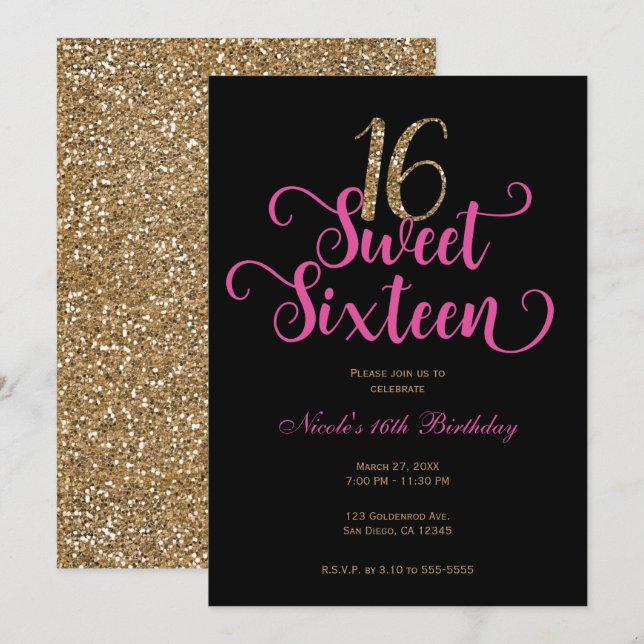 Invitation Anniversaire 16 Ans Fille Paillettes Noir Rose Cha (Devant / Derrière)