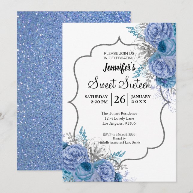 Invitation anniversaire 16 ans Fleur Glitter Blue (Devant / Derrière)