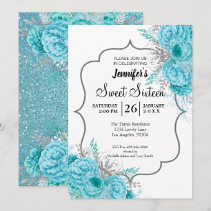 Invitation anniversaire 16 ans Fleur Glitter Blue