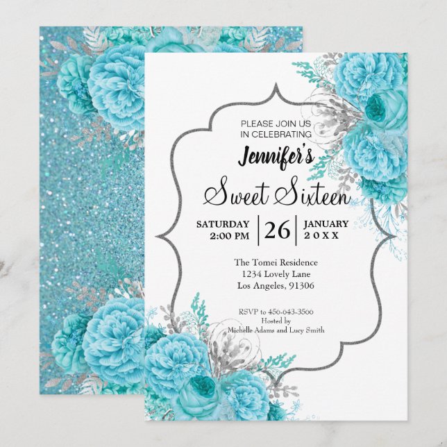 Invitation anniversaire 16 ans Fleur Glitter Blue (Devant / Derrière)